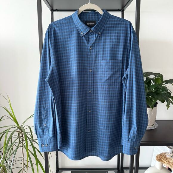 Bonobos Slim Fit Blue Black Checkered Casual Button Down Shirt Men’s Large Short - Picture 1 of 9